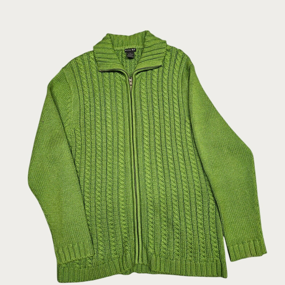 Tally Ho Sweater Womens Size XL Green Full Zip Cable Knit Forest Heavy Cozy